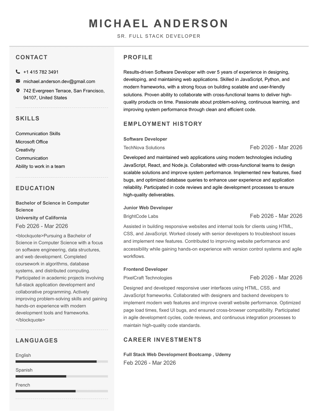 Two-column professional resume template