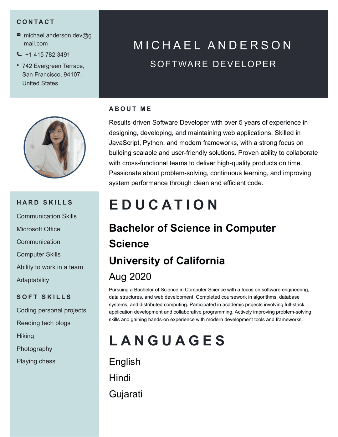 Modern creative resume template with sidebar