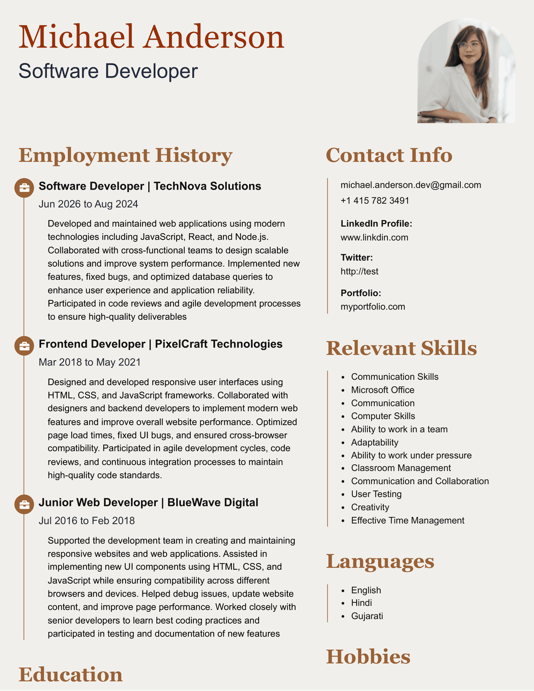 Classic timeline resume template with right info column