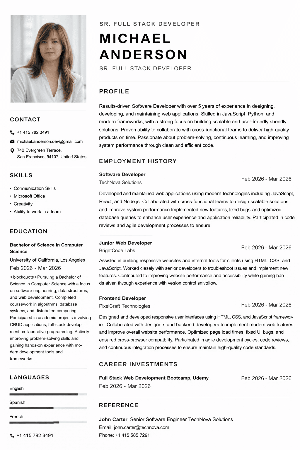 Two-column professional resume template