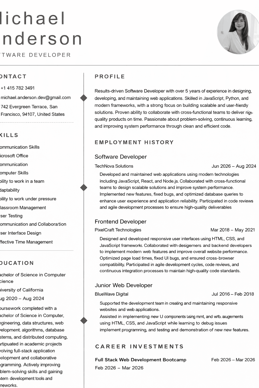 Clean two-column resume with profile photo