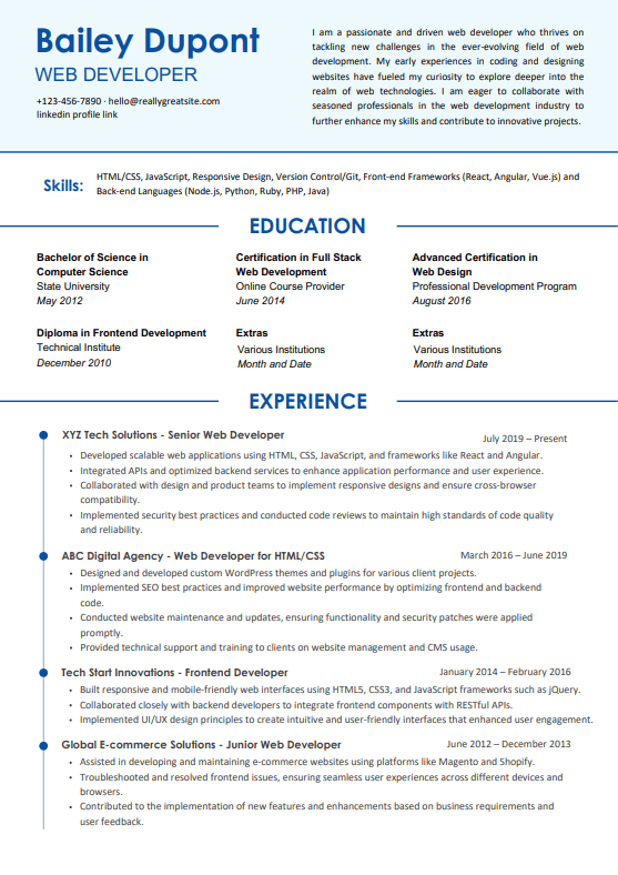 Two-column professional resume with blue accent line