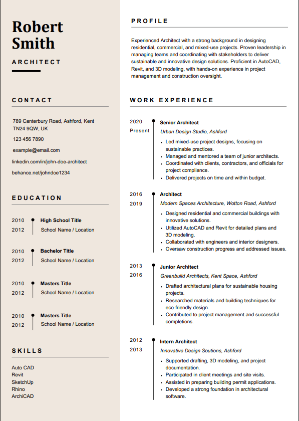 Ashford - professional two-column resume with beige sidebar