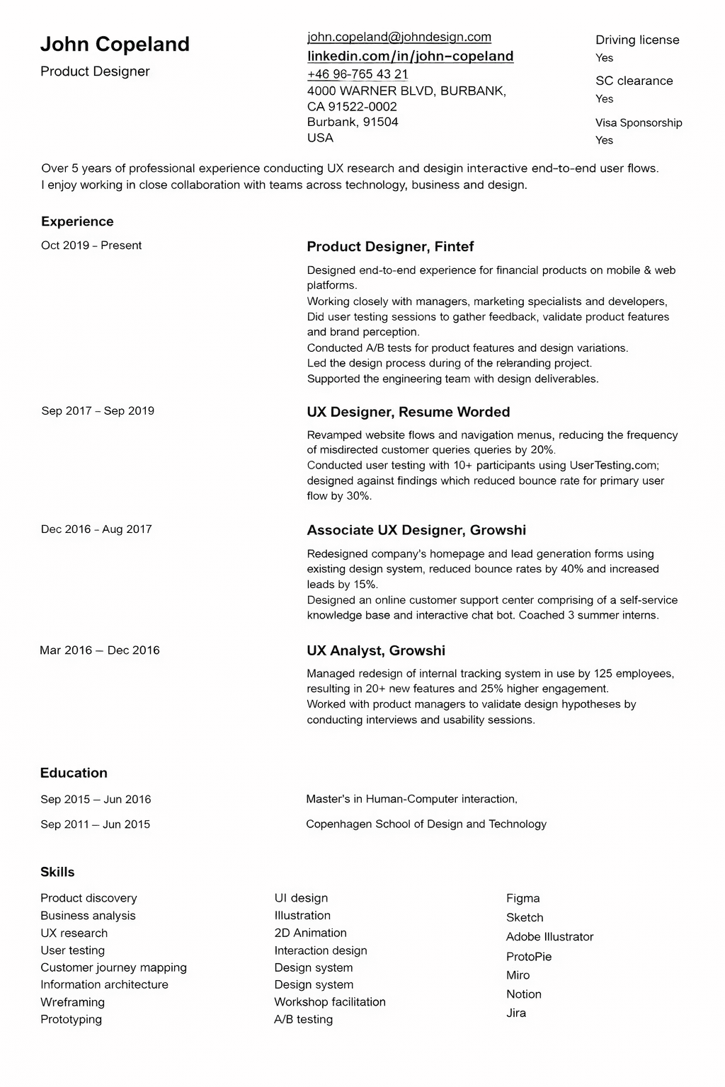 Modern two-column resume template