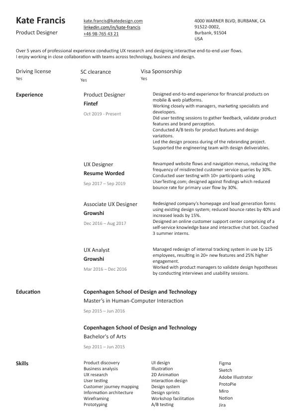 Modern two-column resume template
