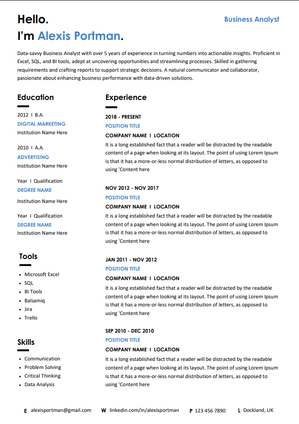 Dockland - modern two-column resume with Hello header