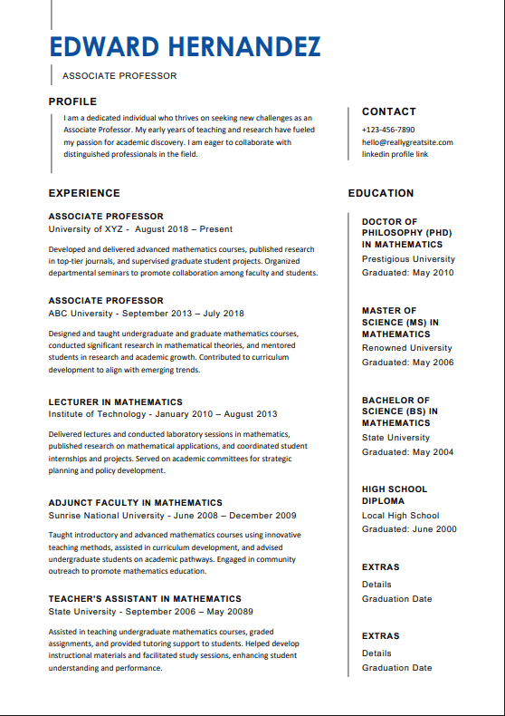 Enfield - two-column resume with blue vertical accent