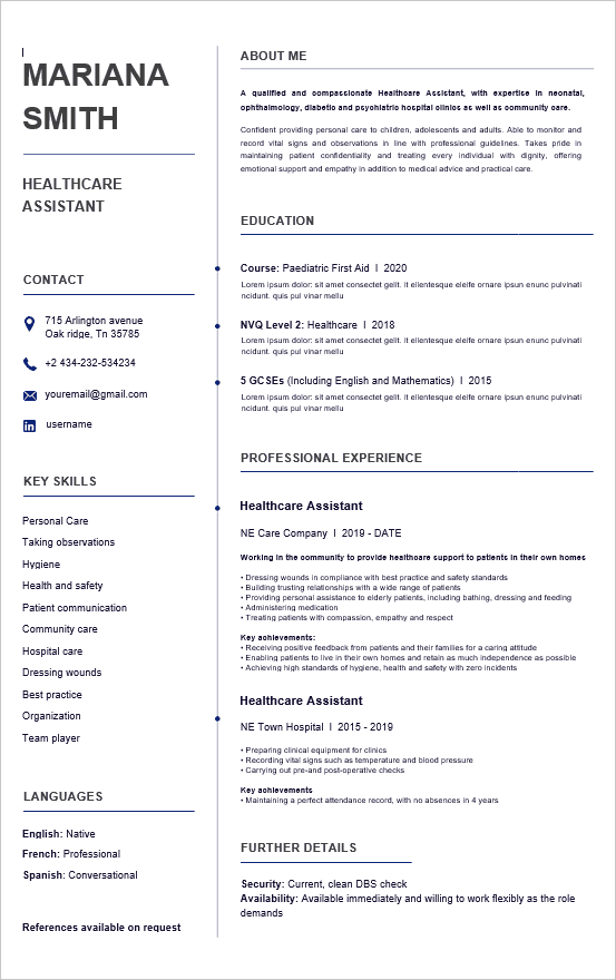 Healthcare Assistant - two-column resume with contact icons