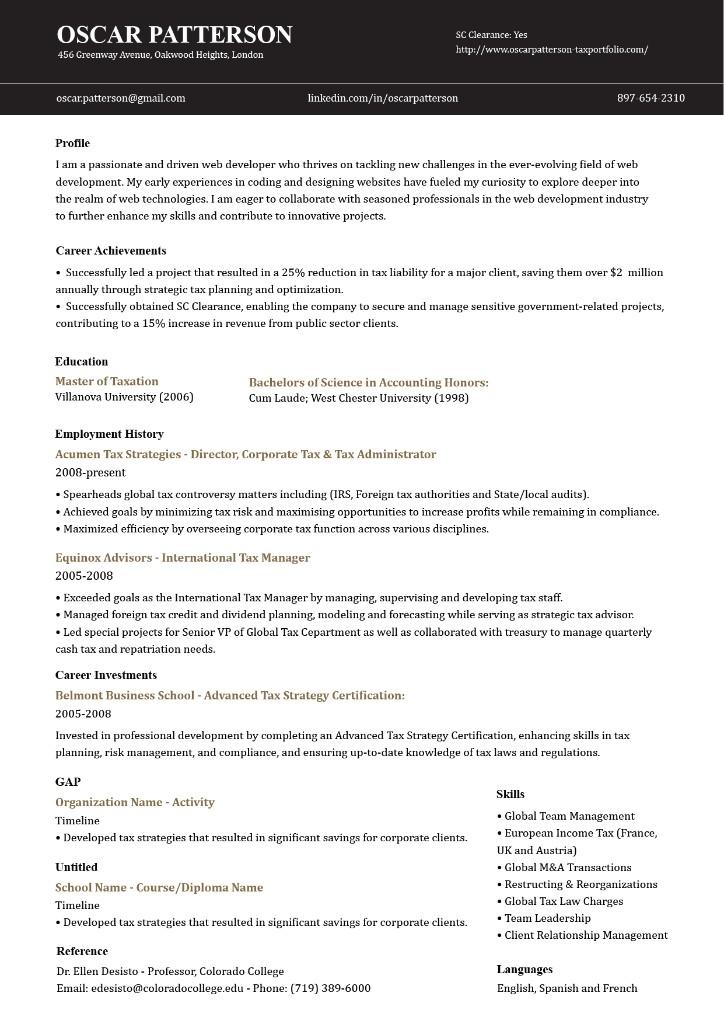 Oslo - professional resume with dark header