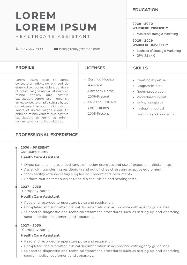 Grayscale two-column resume with shaded profile section